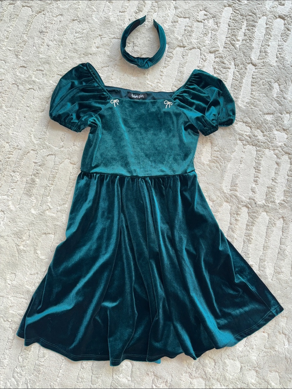 Trixxi Teal Velvet Puff Sleeve Dress with Matching Headband